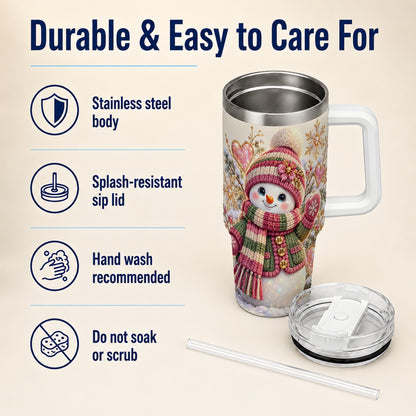Knitted Snowman 40oz Tumbler with Handle, Winter Heart Travel Cup