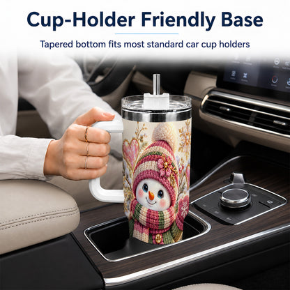 Knitted Snowman 40oz Tumbler with Handle, Winter Heart Travel Cup