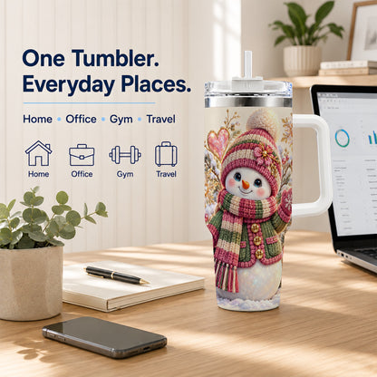 Knitted Snowman 40oz Tumbler with Handle, Winter Heart Travel Cup