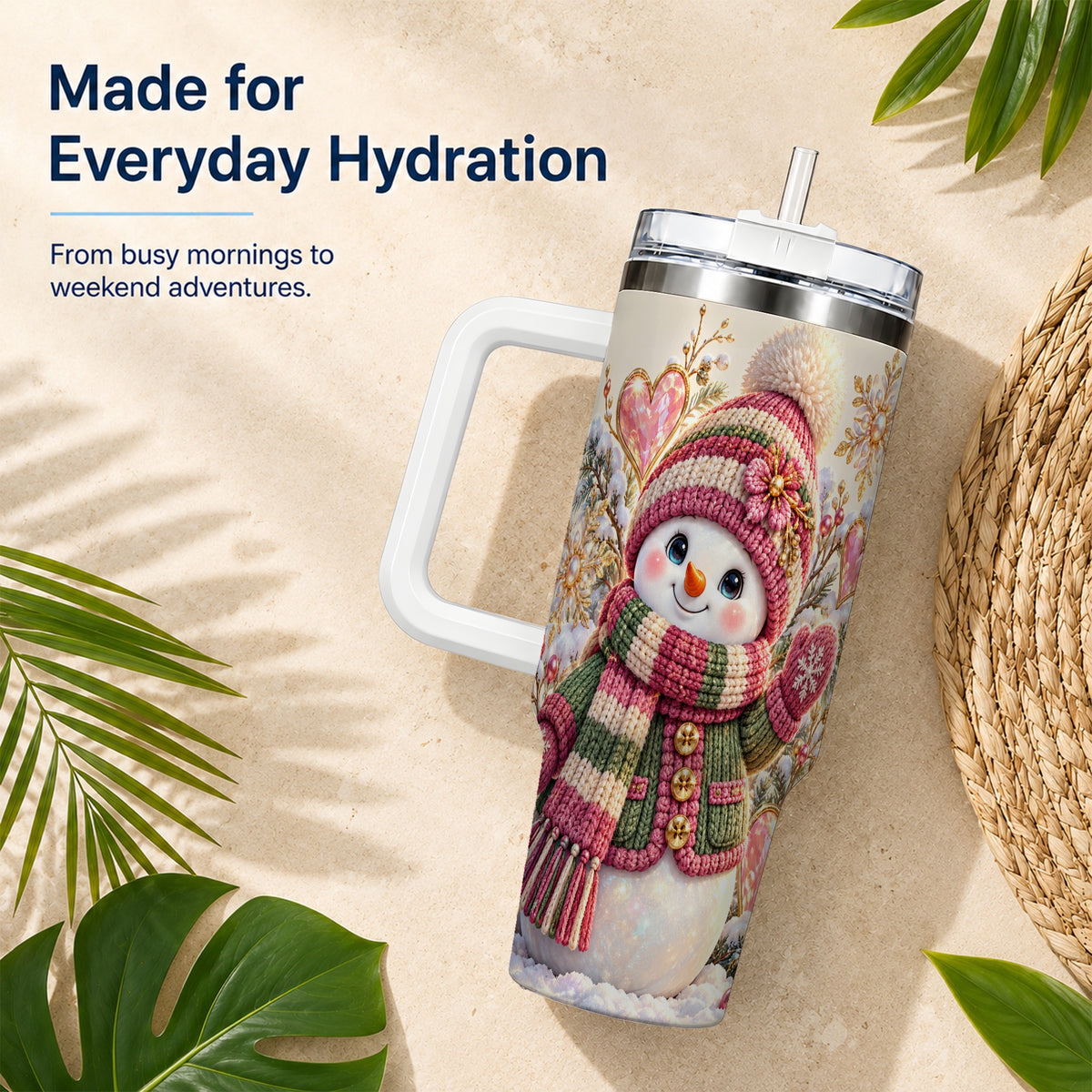 Knitted Snowman 40oz Tumbler with Handle, Winter Heart Travel Cup