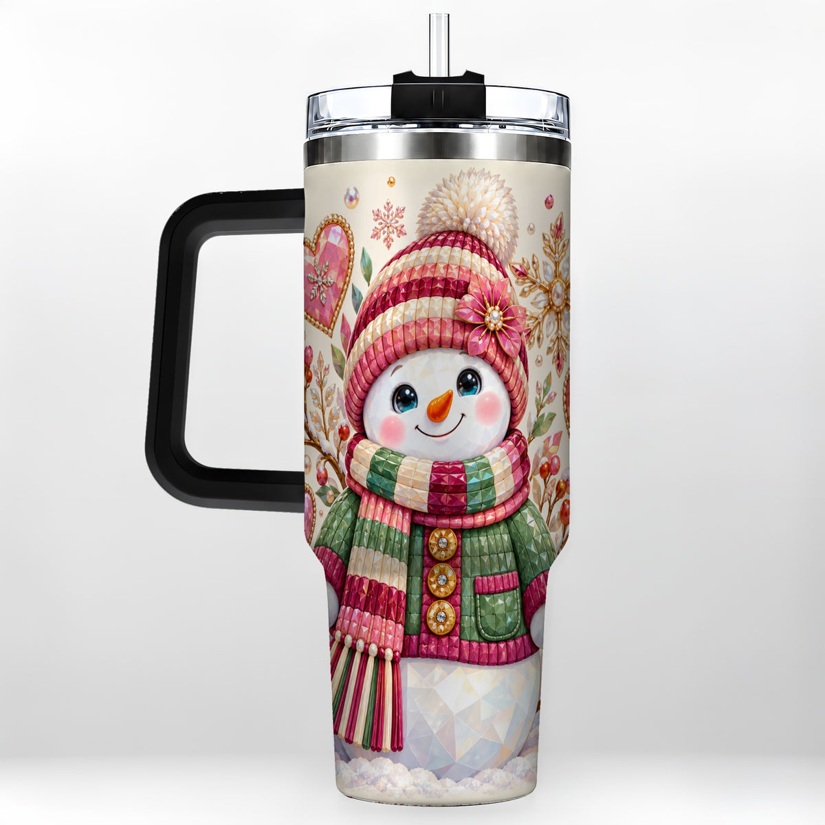 #pl[40oz|Black] Faceted Snowman 40oz Tumbler with Handle, Winter Heart Travel Cup