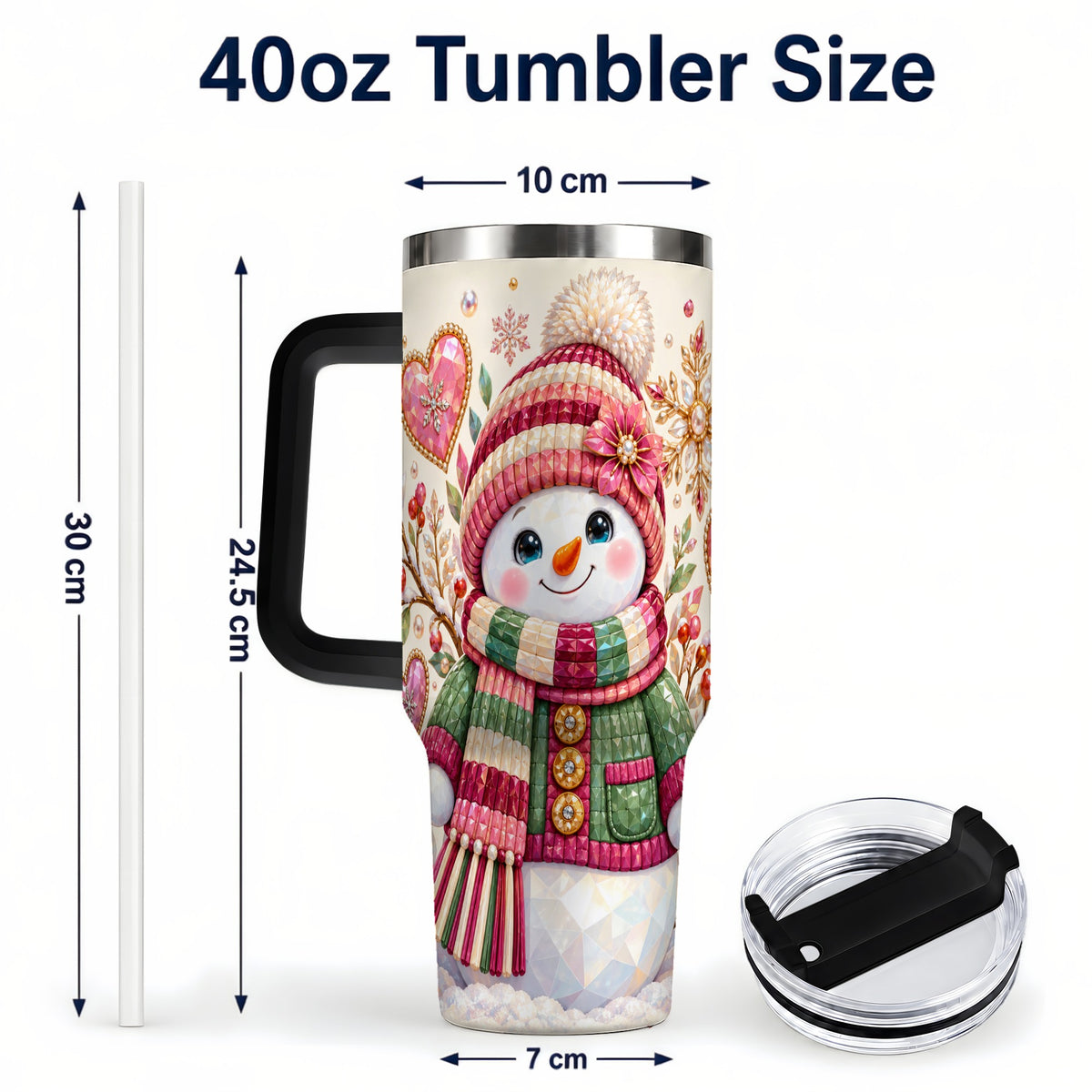 #pl[40oz|Black] Faceted Snowman 40oz Tumbler with Handle, Winter Heart Travel Cup