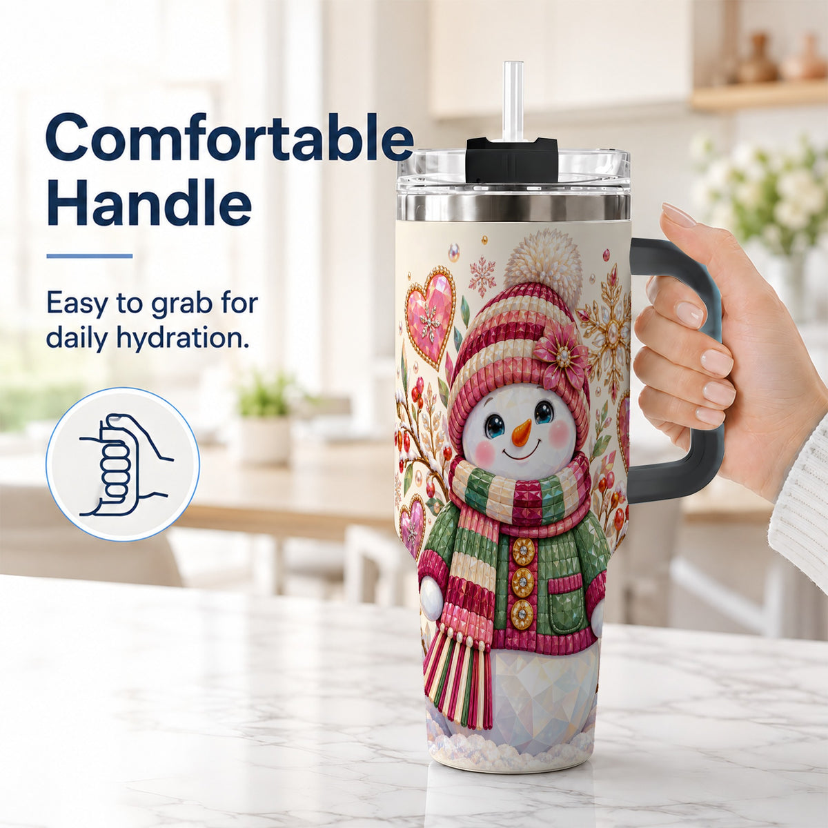 #pl[40oz|Black] Faceted Snowman 40oz Tumbler with Handle, Winter Heart Travel Cup