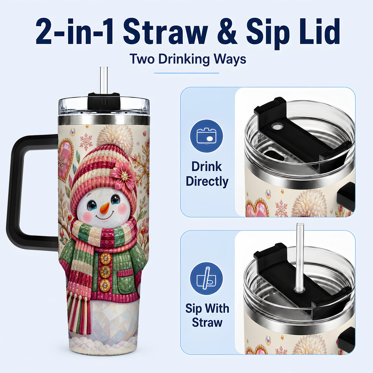 #pl[40oz|Black] Faceted Snowman 40oz Tumbler with Handle, Winter Heart Travel Cup