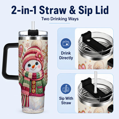 #pl[40oz|Black] Faceted Snowman 40oz Tumbler with Handle, Winter Heart Travel Cup