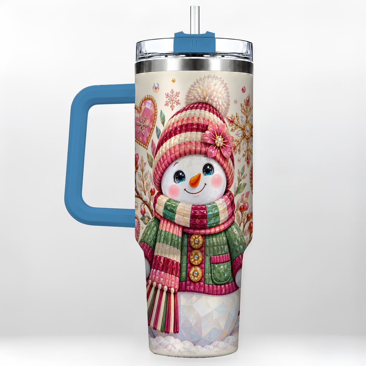 #pl[40oz|Blue] Faceted Snowman 40oz Tumbler with Handle, Winter Heart Travel Cup