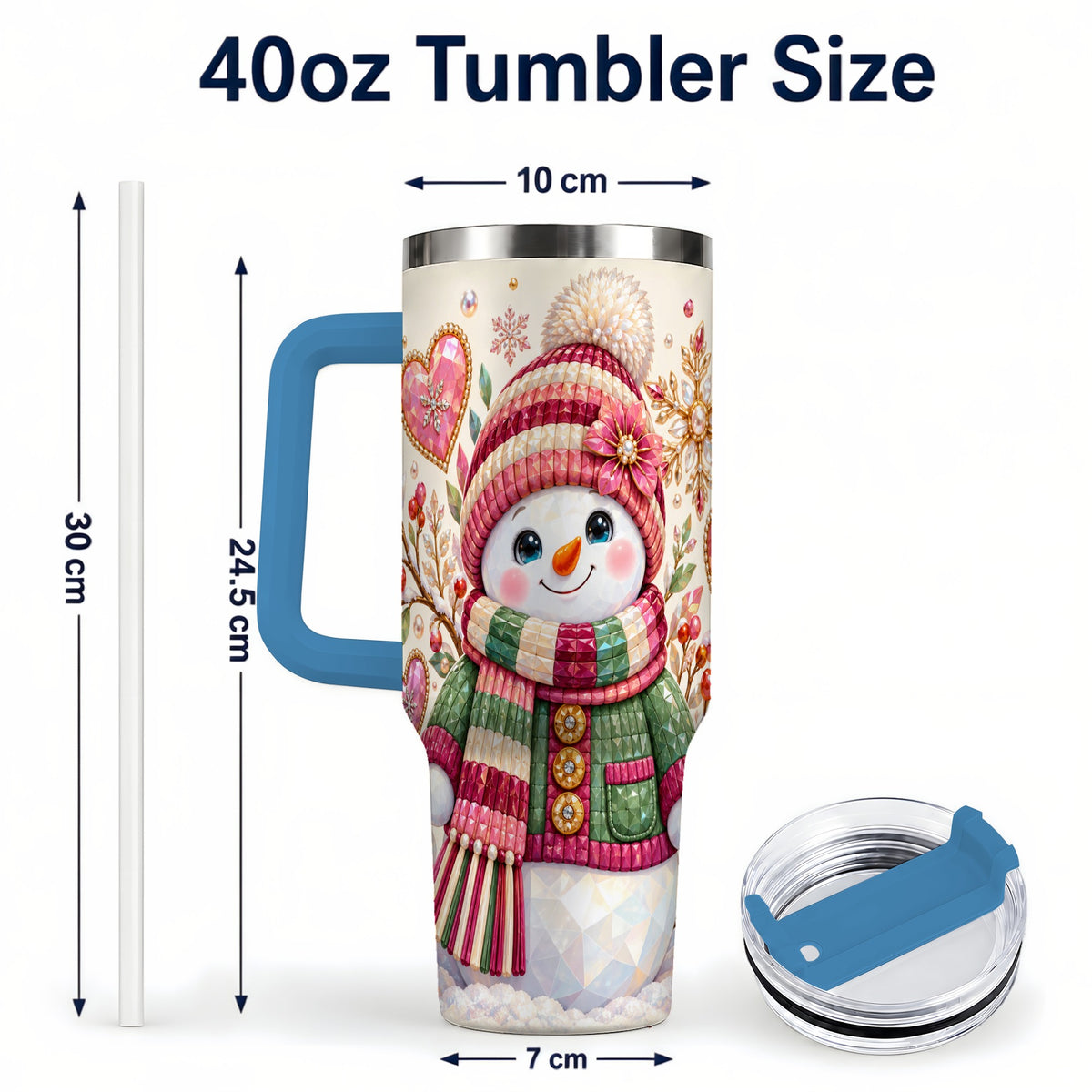#pl[40oz|Blue] Faceted Snowman 40oz Tumbler with Handle, Winter Heart Travel Cup