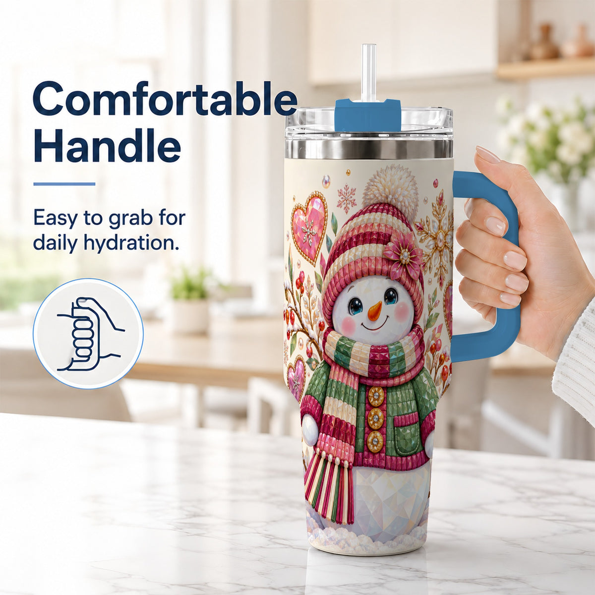 #pl[40oz|Blue] Faceted Snowman 40oz Tumbler with Handle, Winter Heart Travel Cup