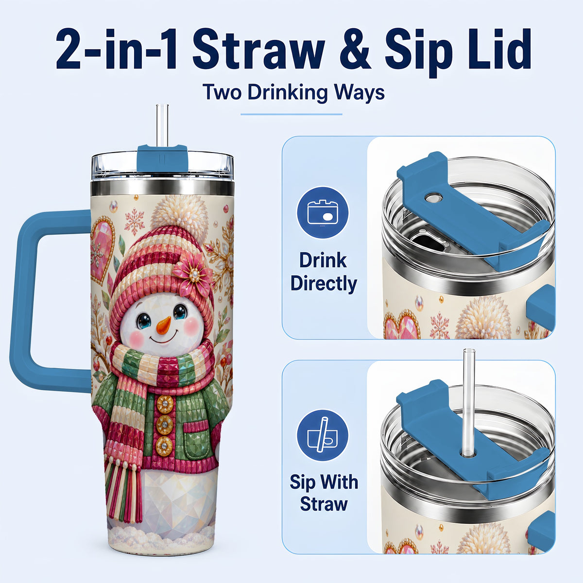 #pl[40oz|Blue] Faceted Snowman 40oz Tumbler with Handle, Winter Heart Travel Cup