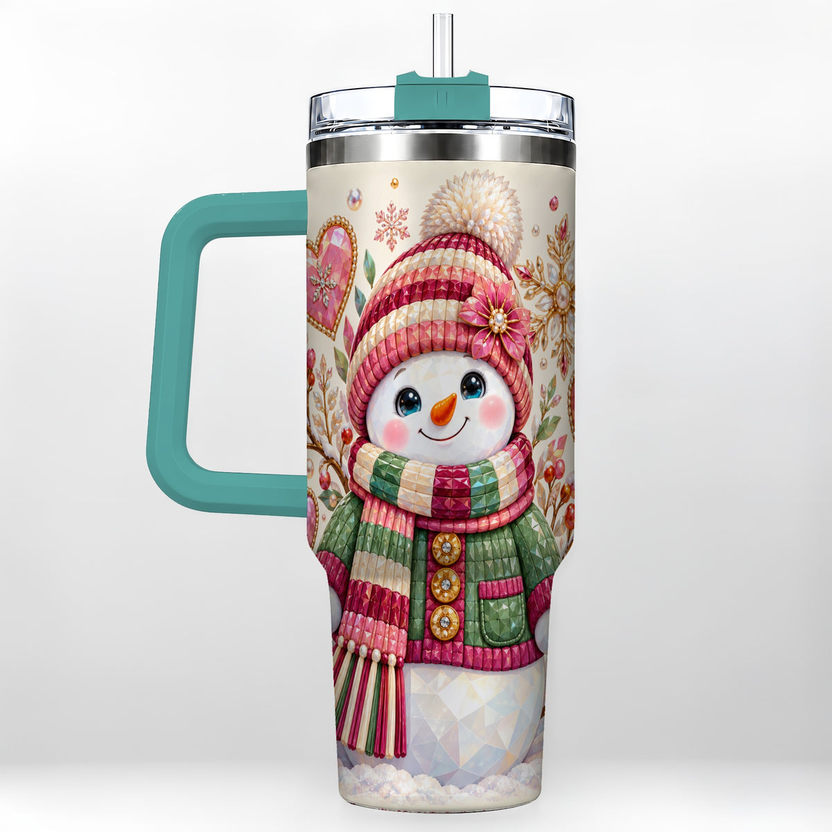 #pl[40oz|Green] Faceted Snowman 40oz Tumbler with Handle, Winter Heart Travel Cup