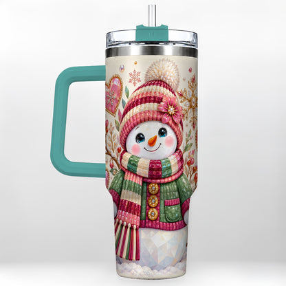 #pl[40oz|Green] Faceted Snowman 40oz Tumbler with Handle, Winter Heart Travel Cup