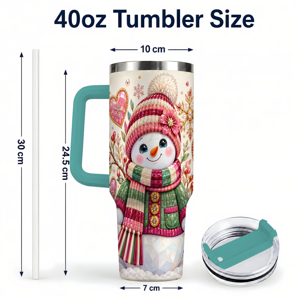 #pl[40oz|Green] Faceted Snowman 40oz Tumbler with Handle, Winter Heart Travel Cup