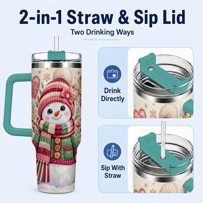 #pl[40oz|Green] Faceted Snowman 40oz Tumbler with Handle, Winter Heart Travel Cup
