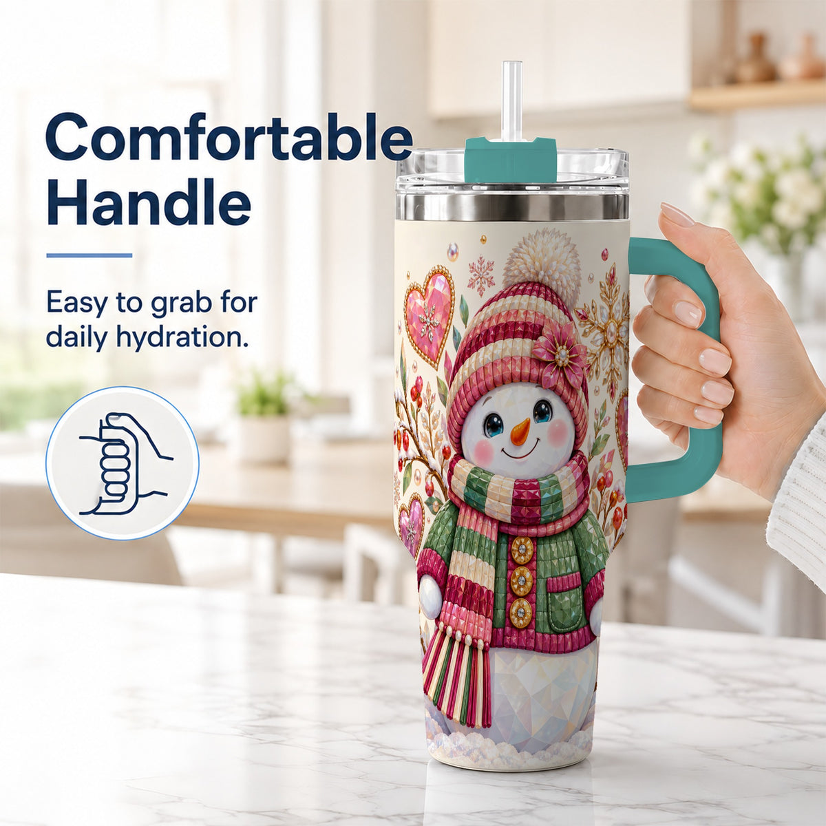#pl[40oz|Green] Faceted Snowman 40oz Tumbler with Handle, Winter Heart Travel Cup