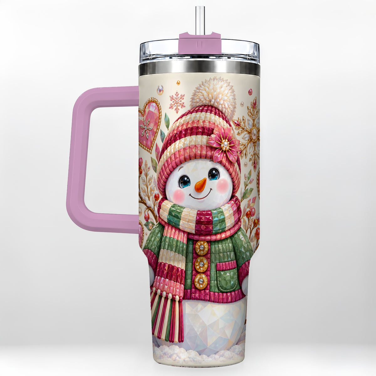#pl[40oz|Pink] Faceted Snowman 40oz Tumbler with Handle, Winter Heart Travel Cup