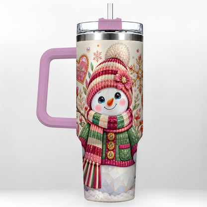 #pl[40oz|Pink] Faceted Snowman 40oz Tumbler with Handle, Winter Heart Travel Cup