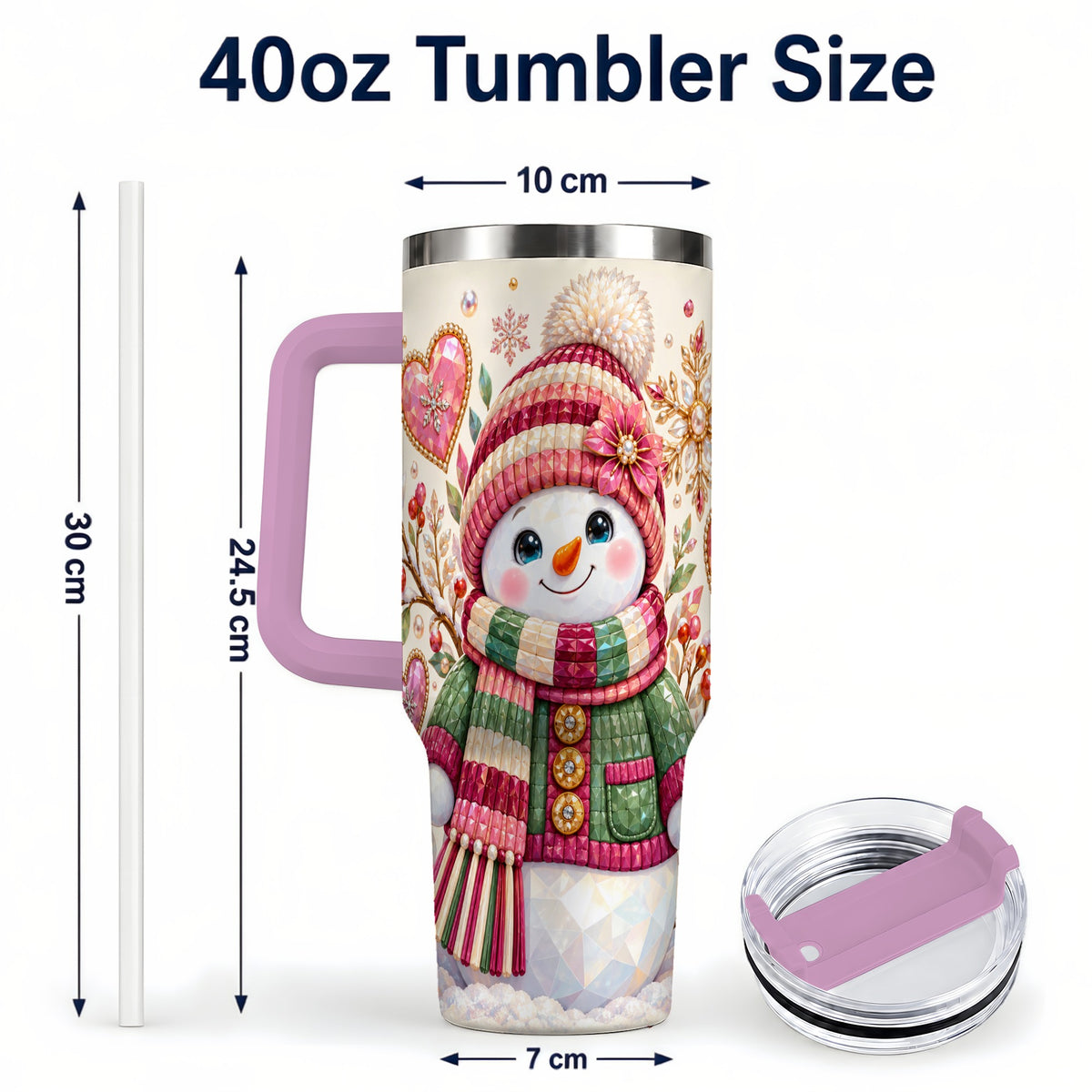 #pl[40oz|Pink] Faceted Snowman 40oz Tumbler with Handle, Winter Heart Travel Cup