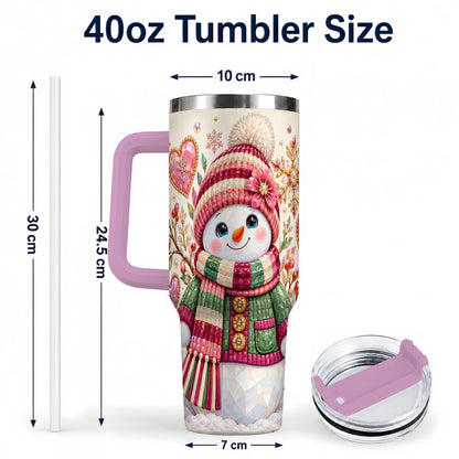 #pl[40oz|Pink] Faceted Snowman 40oz Tumbler with Handle, Winter Heart Travel Cup