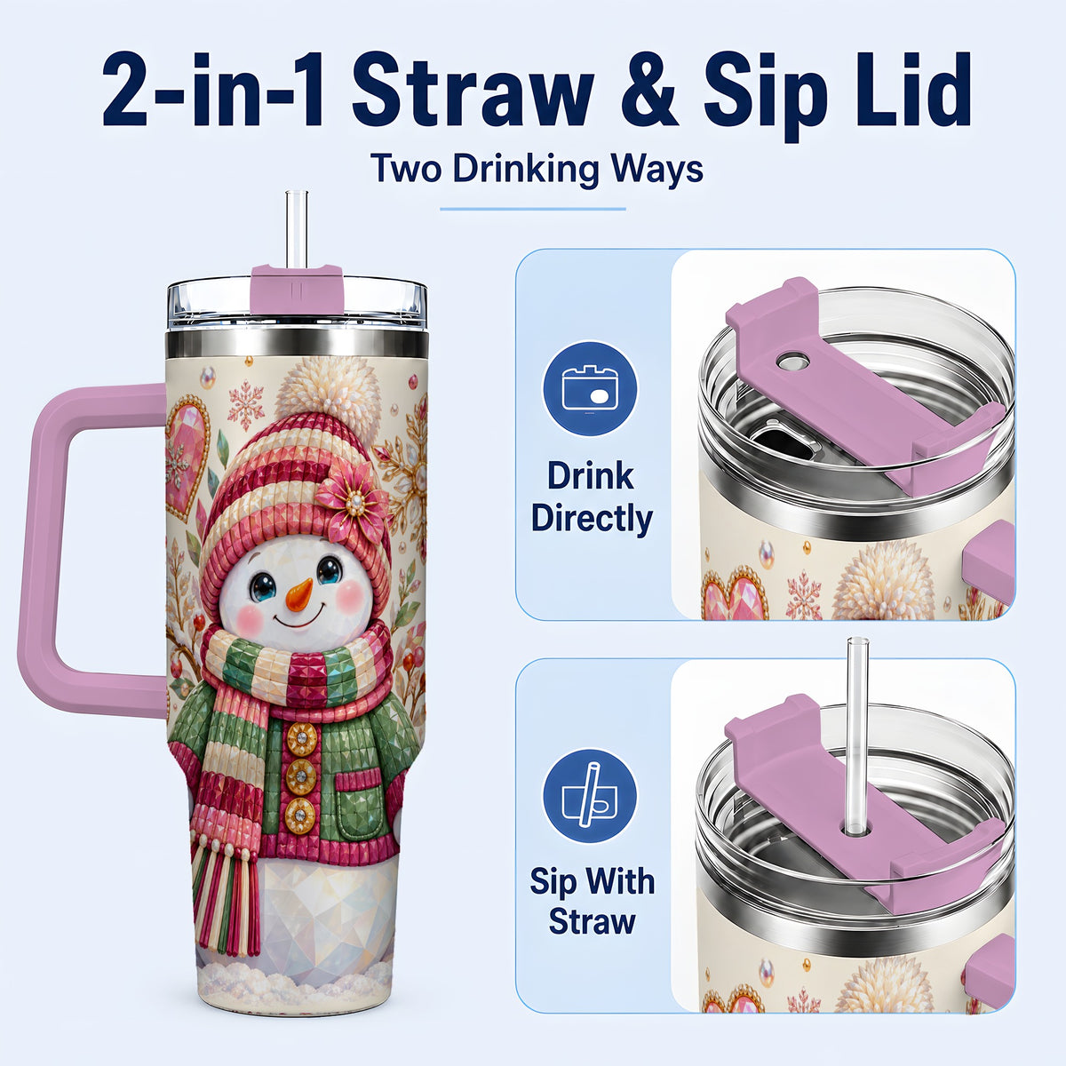 #pl[40oz|Pink] Faceted Snowman 40oz Tumbler with Handle, Winter Heart Travel Cup