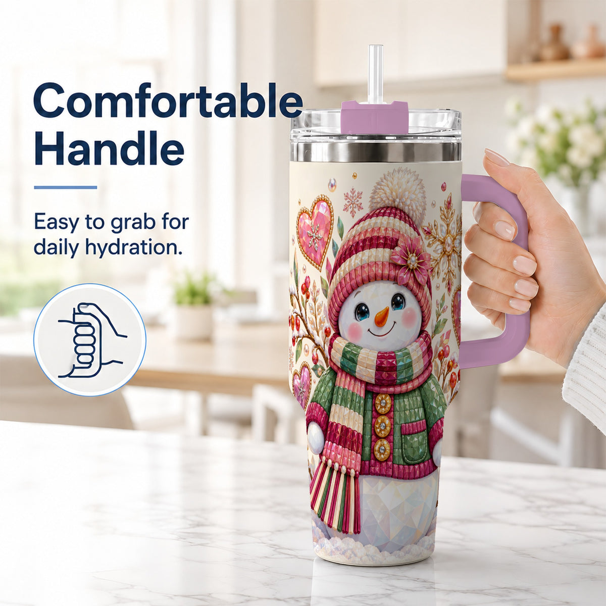 #pl[40oz|Pink] Faceted Snowman 40oz Tumbler with Handle, Winter Heart Travel Cup