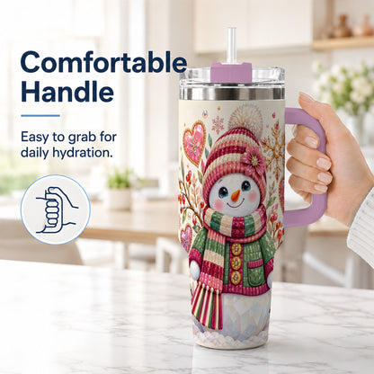 #pl[40oz|Pink] Faceted Snowman 40oz Tumbler with Handle, Winter Heart Travel Cup