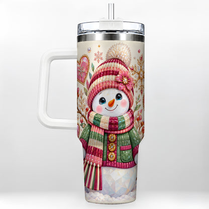 Faceted Snowman 40oz Tumbler with Handle, Winter Heart Travel Cup