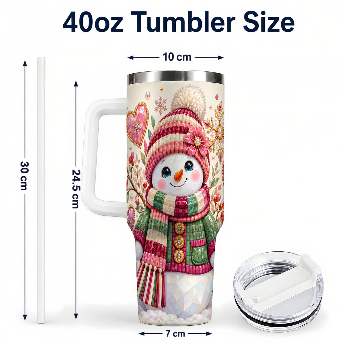 #pl[40oz|White] Faceted Snowman 40oz Tumbler with Handle, Winter Heart Travel Cup