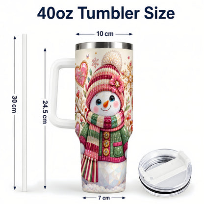 #pl[40oz|White] Faceted Snowman 40oz Tumbler with Handle, Winter Heart Travel Cup