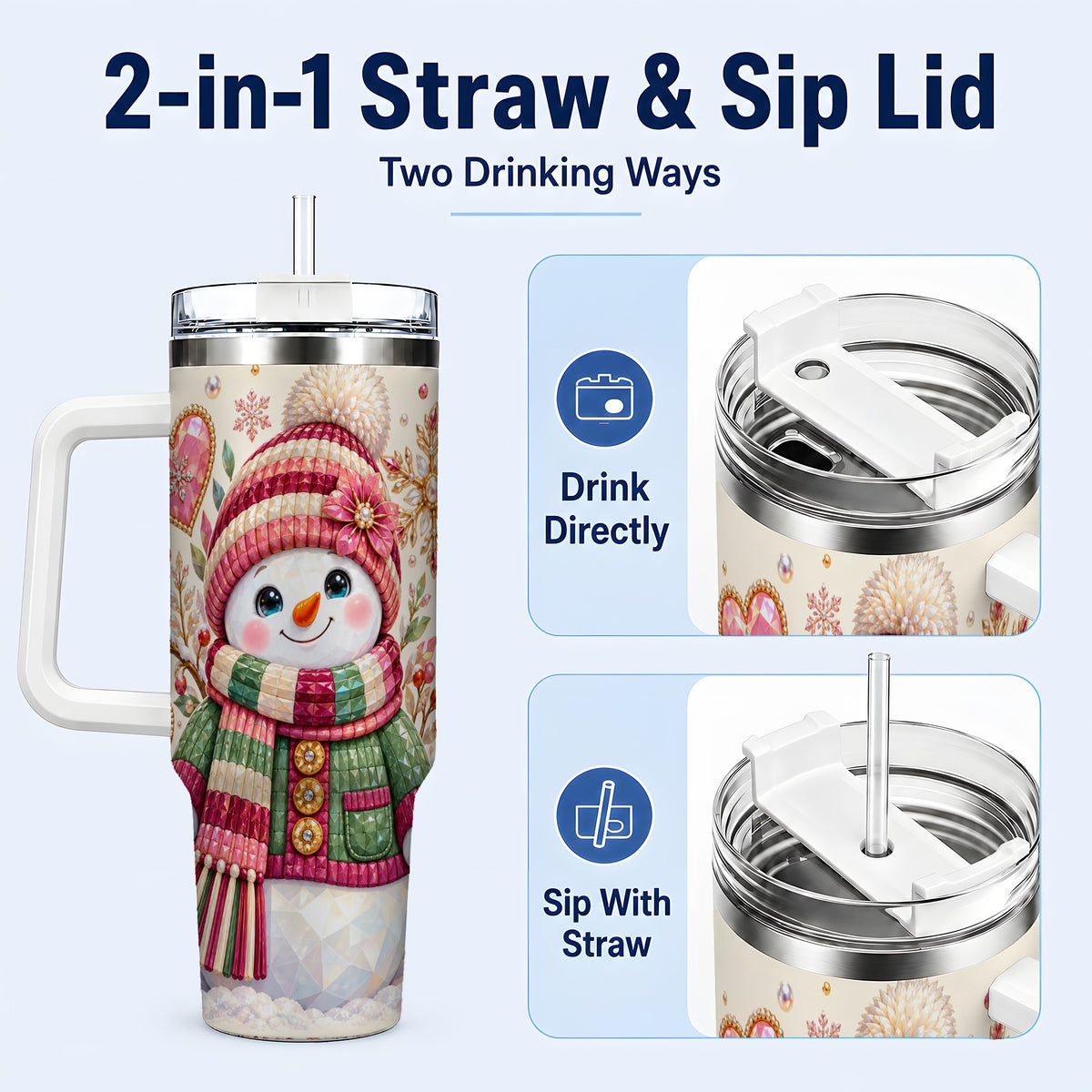 #pl[40oz|White] Faceted Snowman 40oz Tumbler with Handle, Winter Heart Travel Cup
