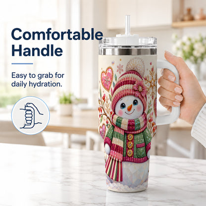 #pl[40oz|White] Faceted Snowman 40oz Tumbler with Handle, Winter Heart Travel Cup