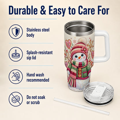 Faceted Snowman 40oz Tumbler with Handle, Winter Heart Travel Cup