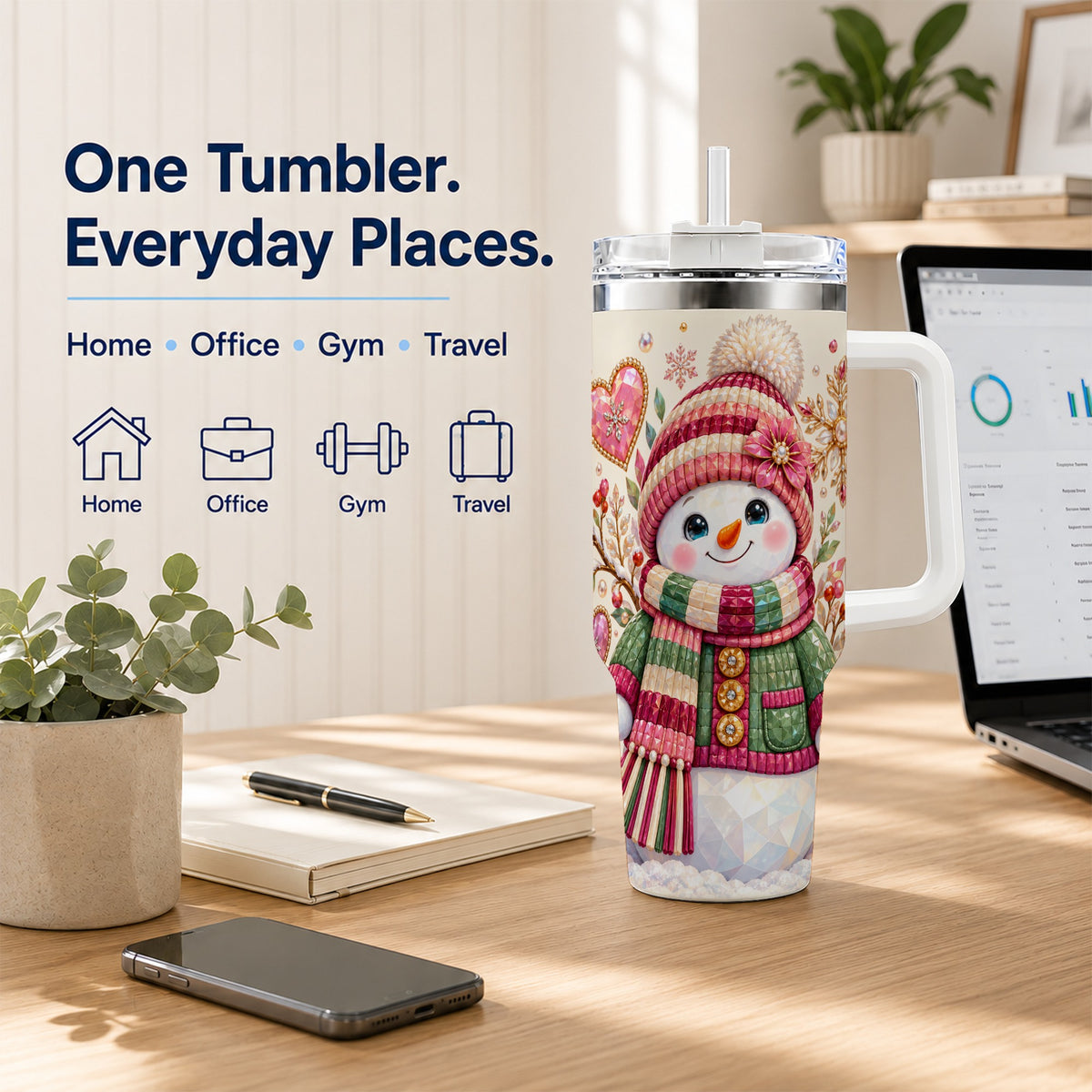 Faceted Snowman 40oz Tumbler with Handle, Winter Heart Travel Cup