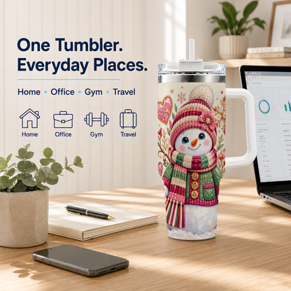 Faceted Snowman 40oz Tumbler with Handle, Winter Heart Travel Cup