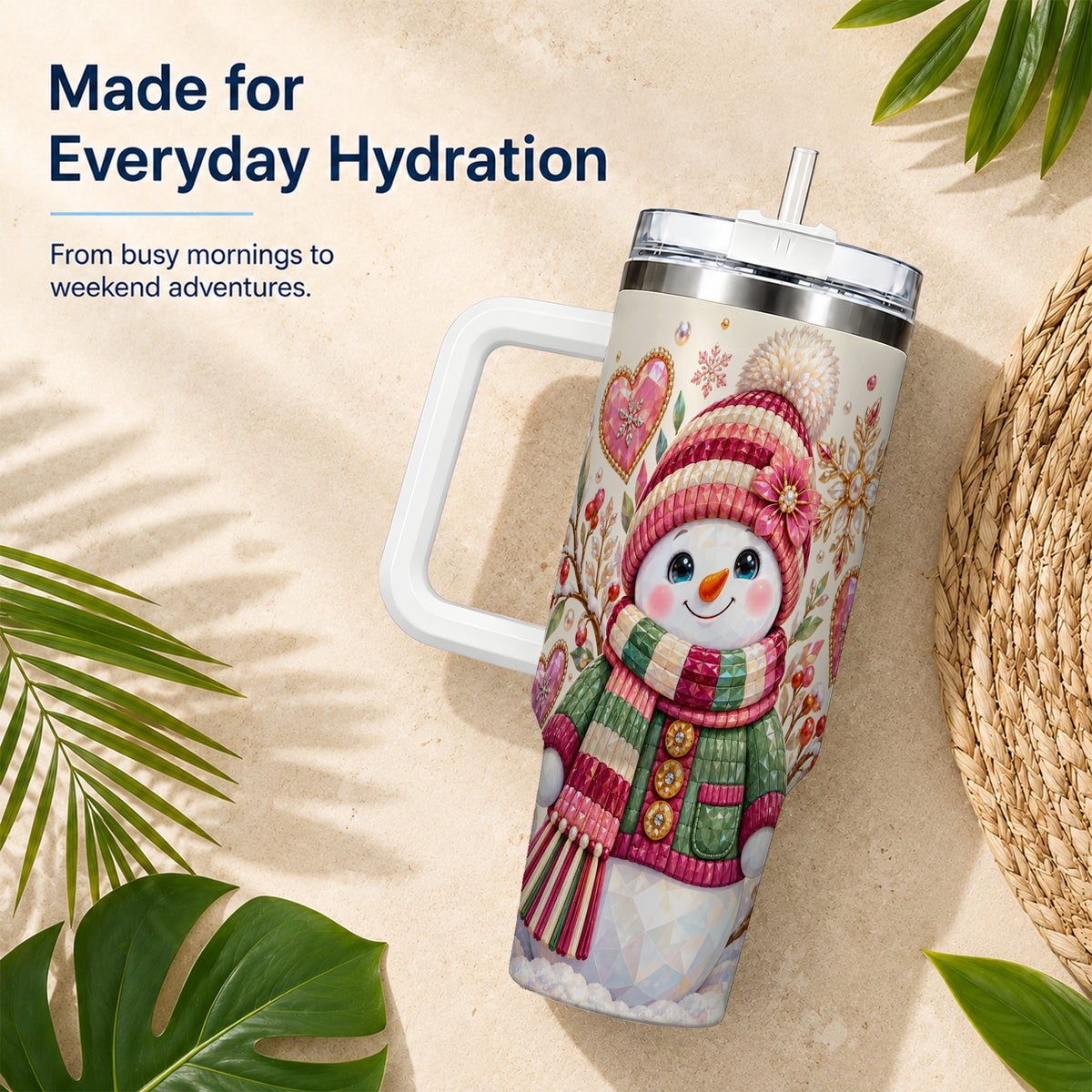 Faceted Snowman 40oz Tumbler with Handle, Winter Heart Travel Cup