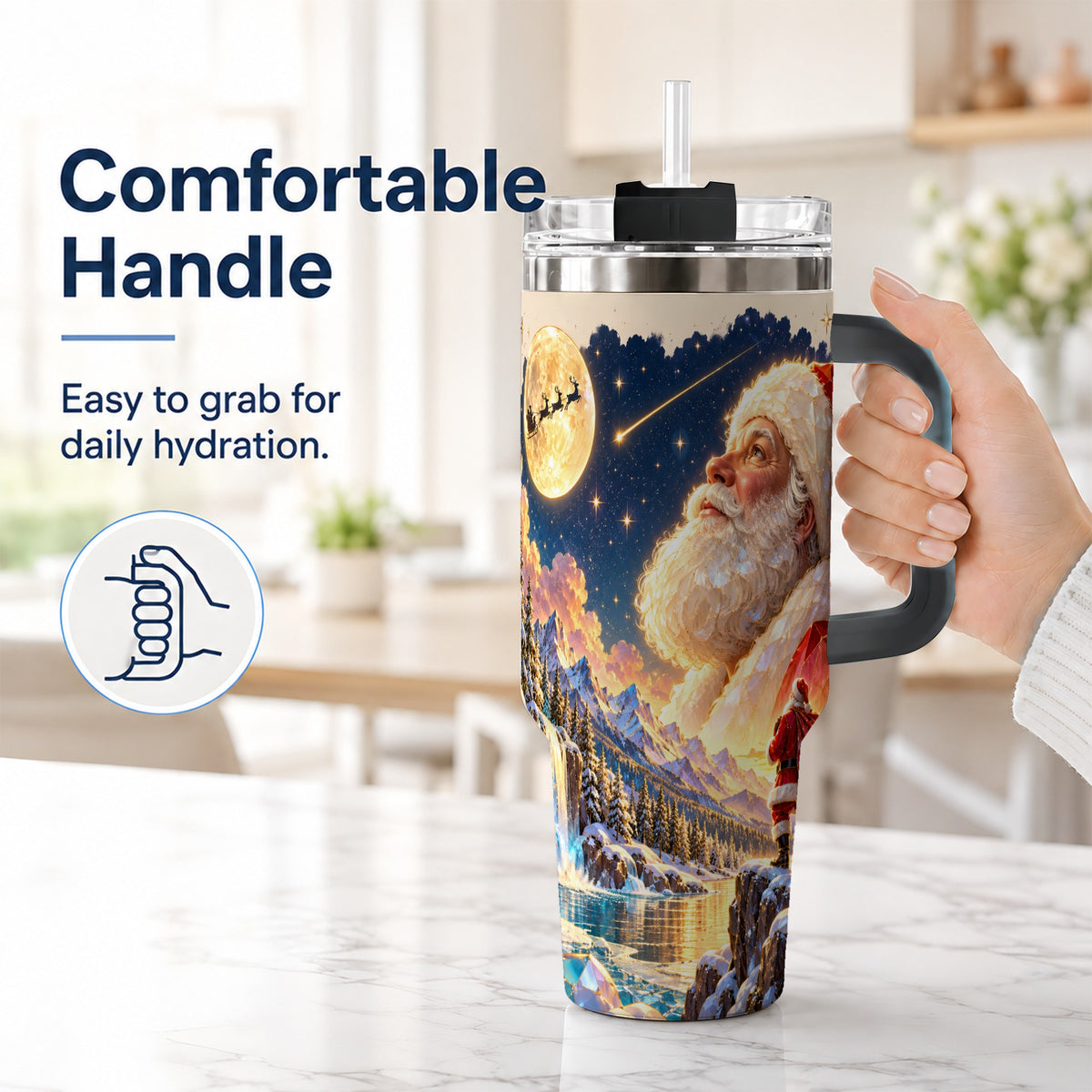 #pl[40oz|Black] Christmas Santa 40oz Tumbler with Handle, Winter Night Travel Cup