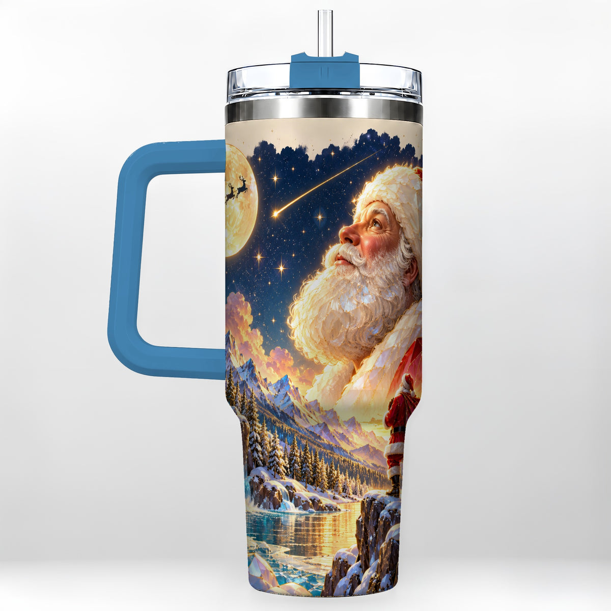 #pl[40oz|Blue] Christmas Santa 40oz Tumbler with Handle, Winter Night Travel Cup