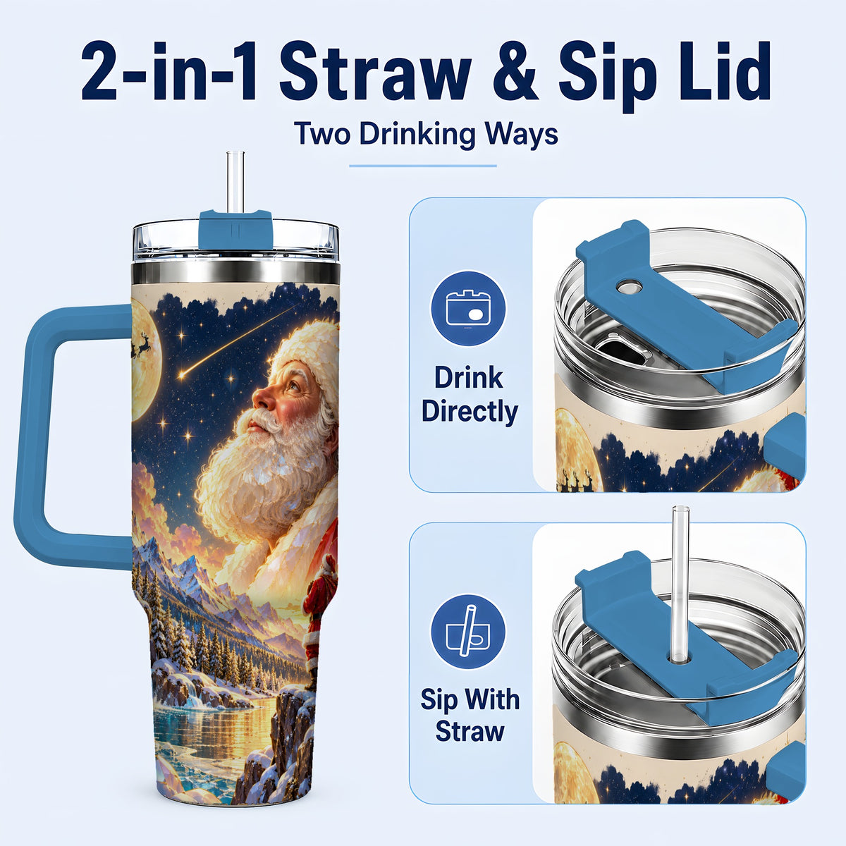 #pl[40oz|Blue] Christmas Santa 40oz Tumbler with Handle, Winter Night Travel Cup