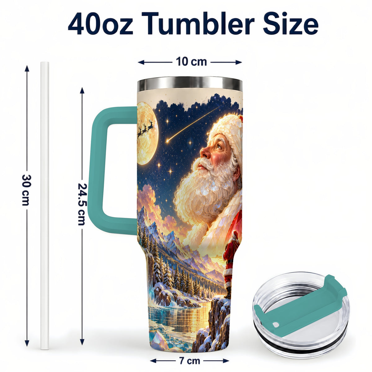 #pl[40oz|Green] Christmas Santa 40oz Tumbler with Handle, Winter Night Travel Cup