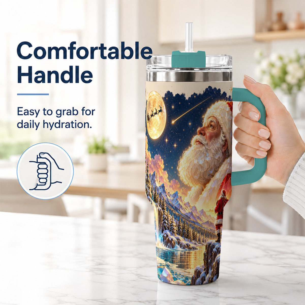 #pl[40oz|Green] Christmas Santa 40oz Tumbler with Handle, Winter Night Travel Cup