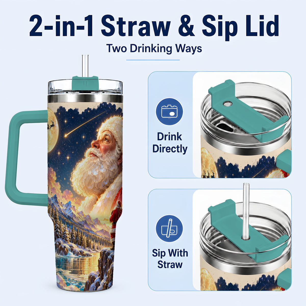 #pl[40oz|Green] Christmas Santa 40oz Tumbler with Handle, Winter Night Travel Cup