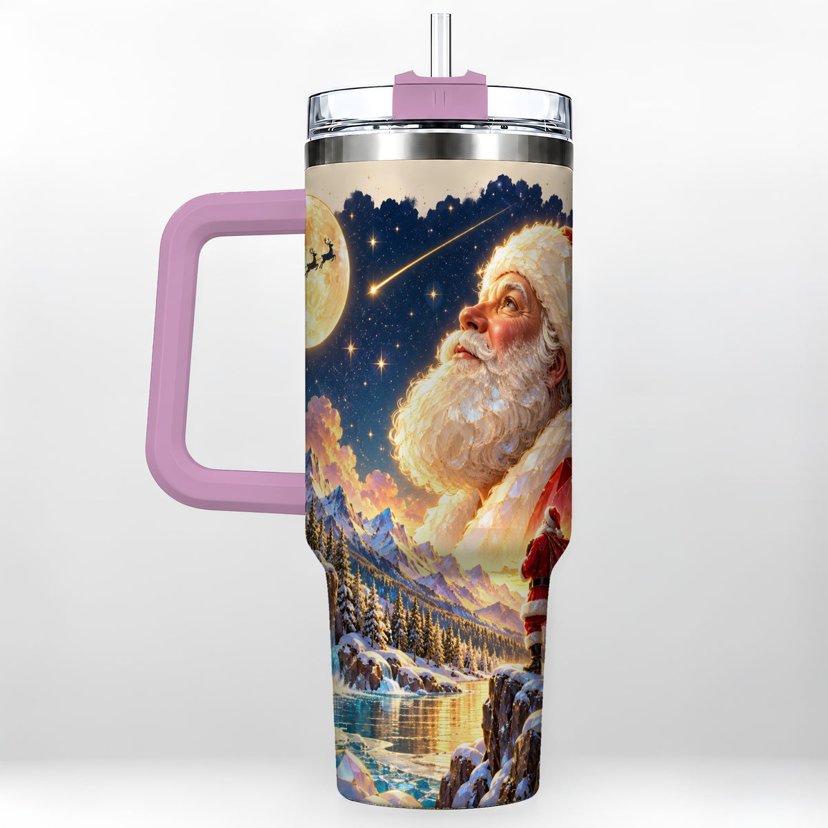 #pl[40oz|Pink] Christmas Santa 40oz Tumbler with Handle, Winter Night Travel Cup