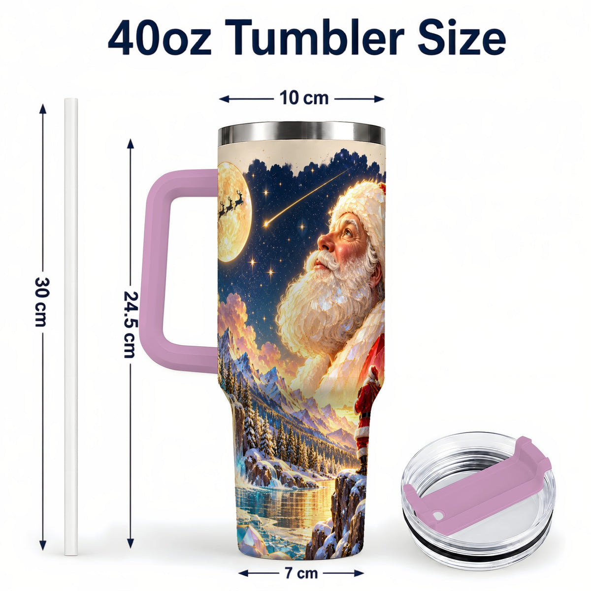 #pl[40oz|Pink] Christmas Santa 40oz Tumbler with Handle, Winter Night Travel Cup