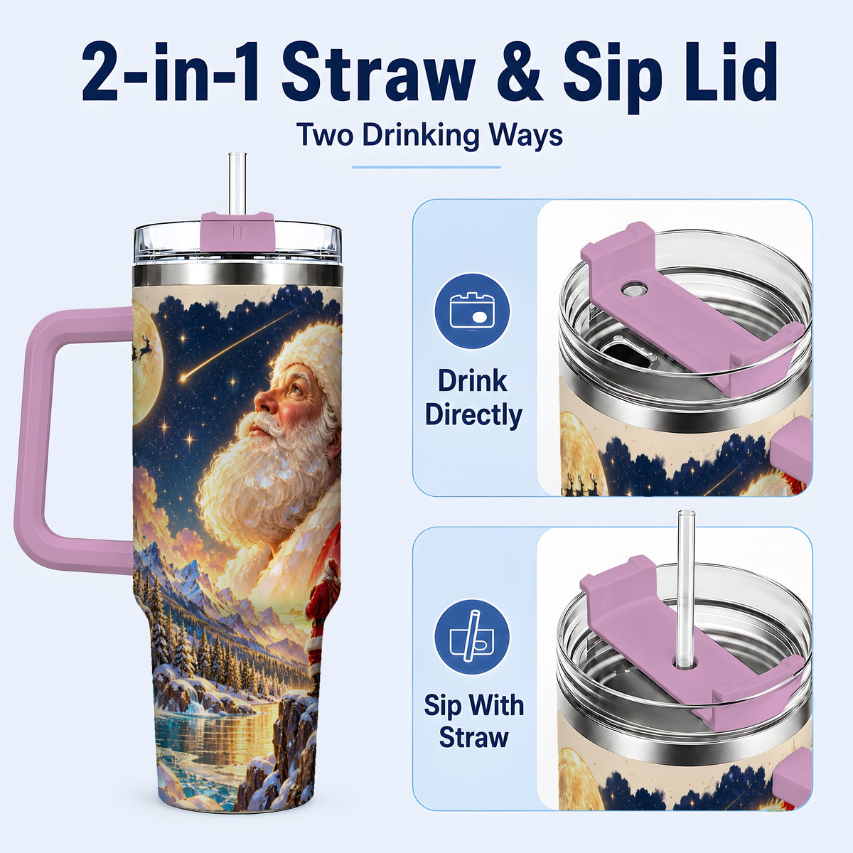 #pl[40oz|Pink] Christmas Santa 40oz Tumbler with Handle, Winter Night Travel Cup