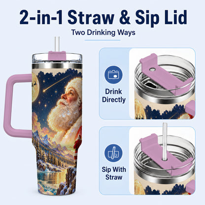 #pl[40oz|Pink] Christmas Santa 40oz Tumbler with Handle, Winter Night Travel Cup
