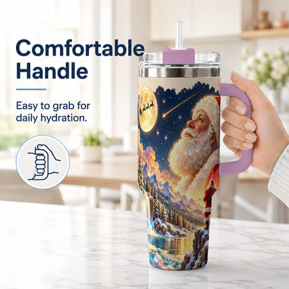 #pl[40oz|Pink] Christmas Santa 40oz Tumbler with Handle, Winter Night Travel Cup