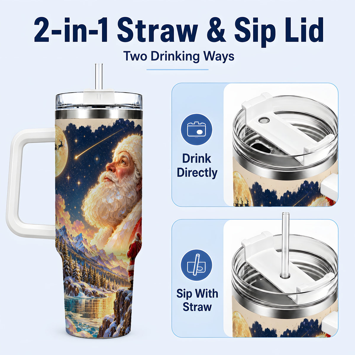 #pl[40oz|White] Christmas Santa 40oz Tumbler with Handle, Winter Night Travel Cup