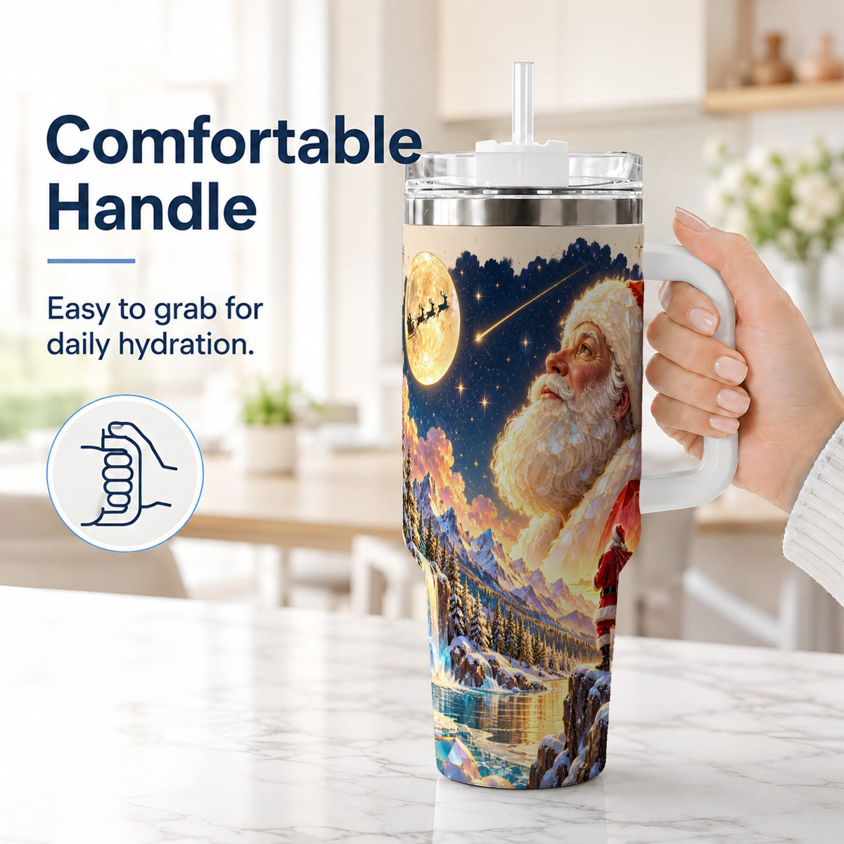 #pl[40oz|White] Christmas Santa 40oz Tumbler with Handle, Winter Night Travel Cup