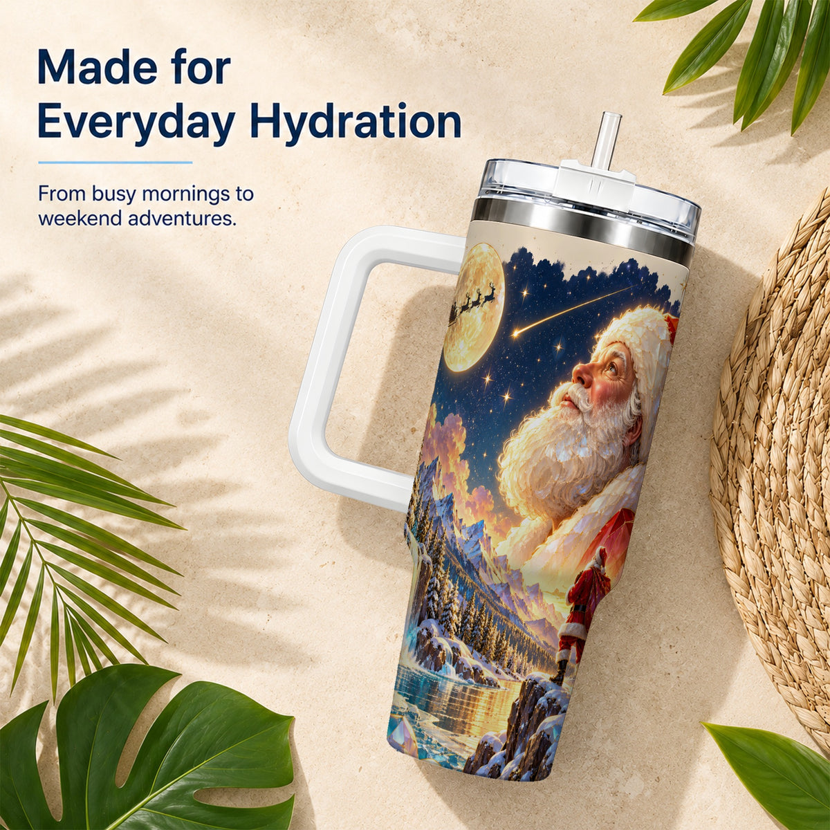 Christmas Santa 40oz Tumbler with Handle, Winter Night Travel Cup
