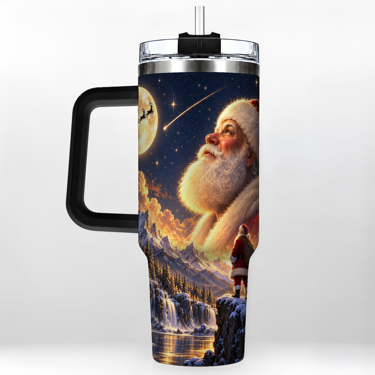 #pl[40oz|Black] Santa Moon 40oz Tumbler with Handle, Winter Landscape Travel Cup