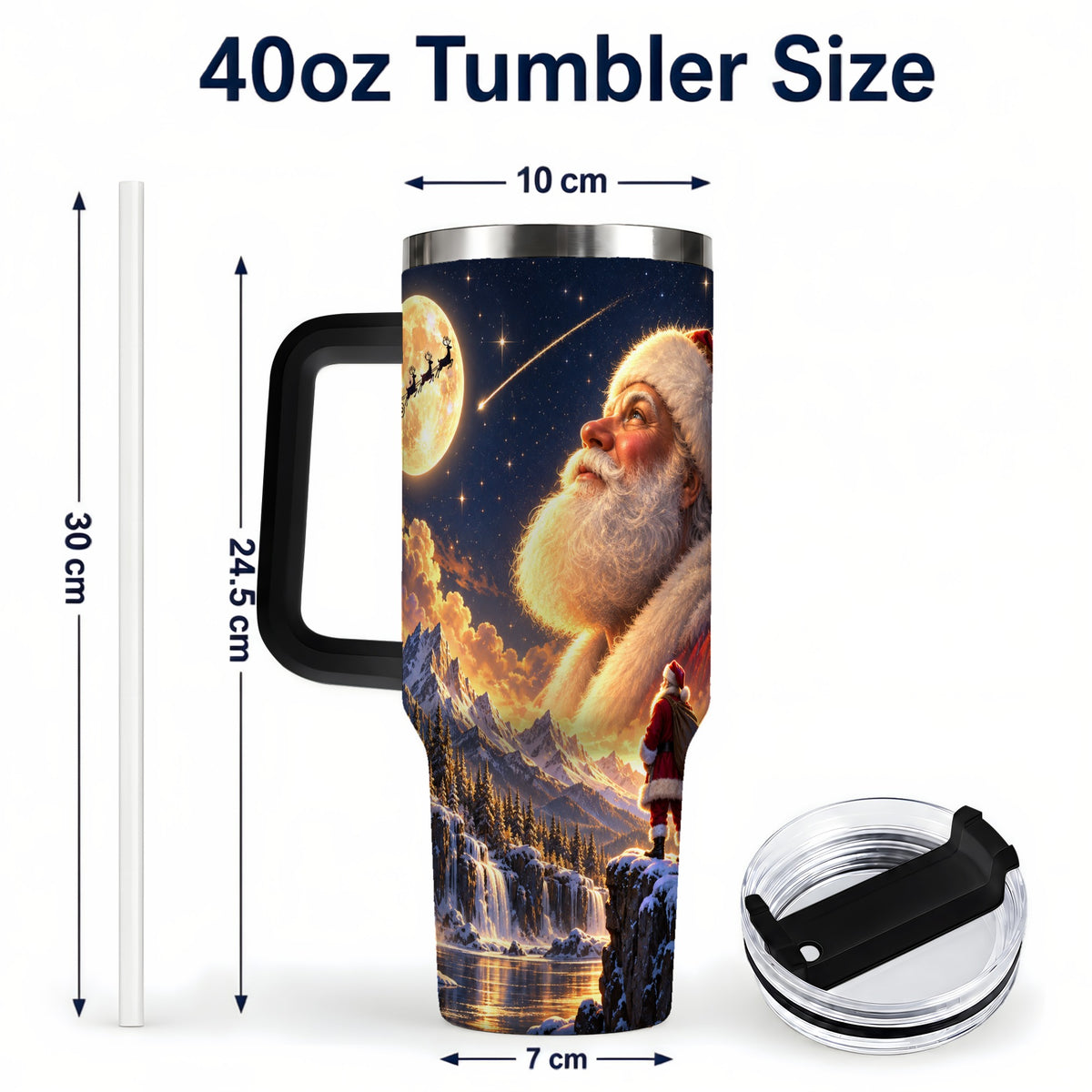 #pl[40oz|Black] Santa Moon 40oz Tumbler with Handle, Winter Landscape Travel Cup